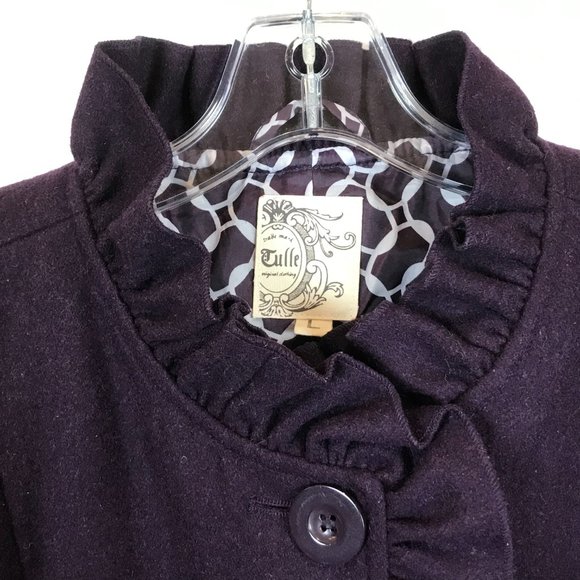 NWT Womens Size Large Anthropolgoe Tulle Wool Blend Ruffle Detail Pea Coat - Picture 2 of 4